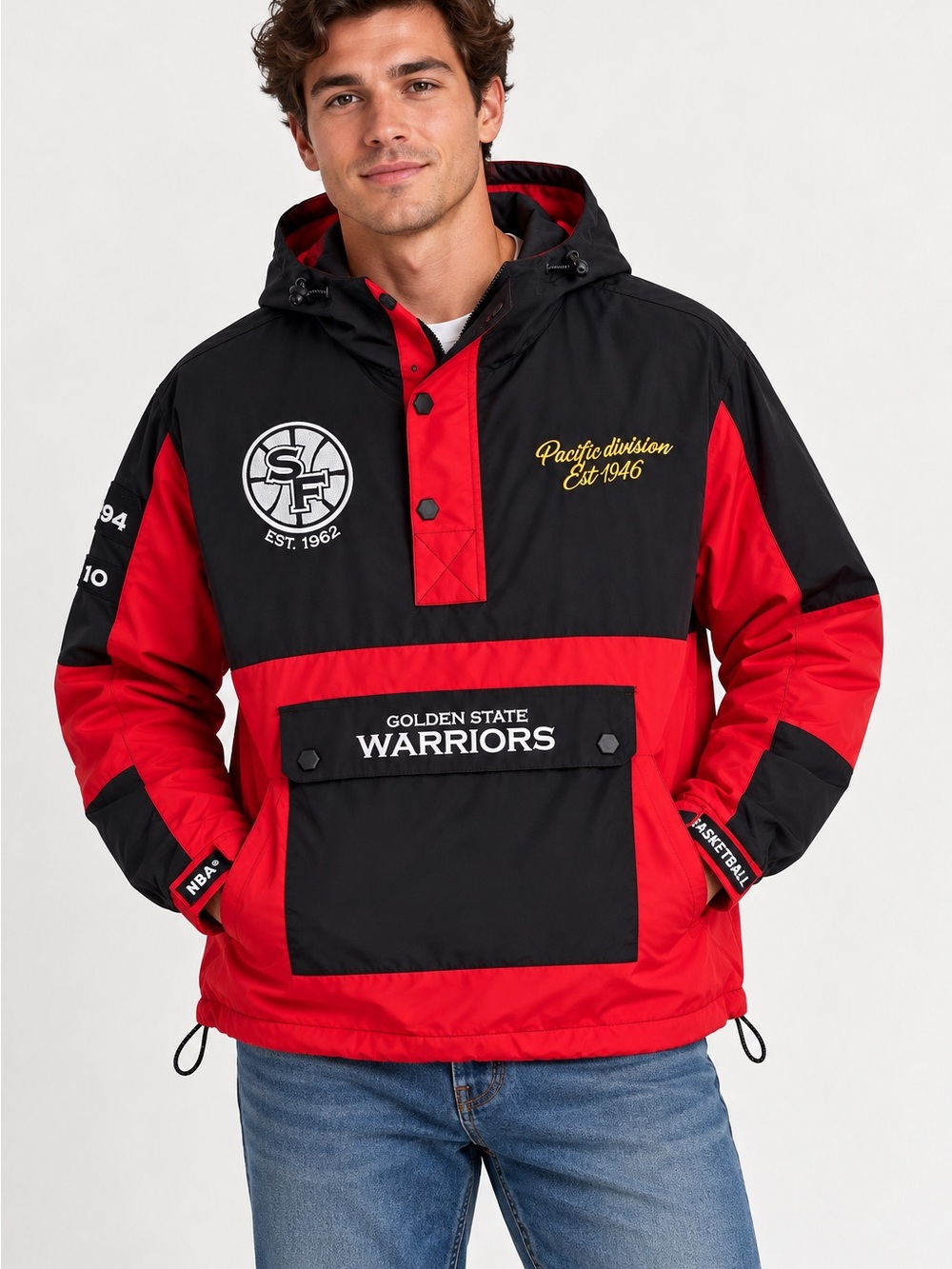 Stadium Essentials Golden State Warriors NBA Anorak Pullover Jacket Black Red L